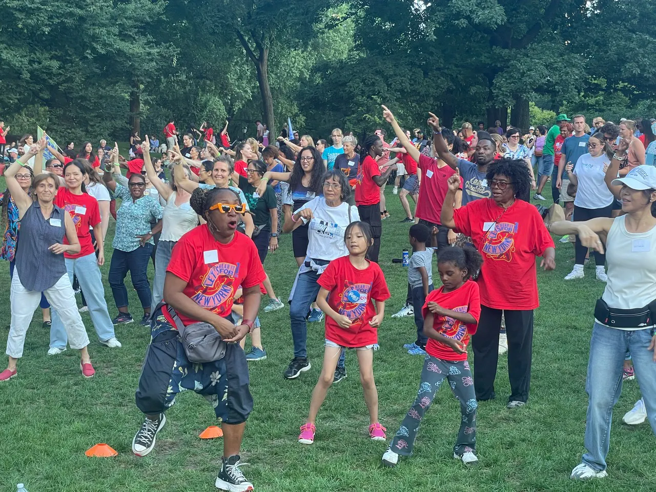 A crowd of residents of all ages dancing together on the grass in a public park